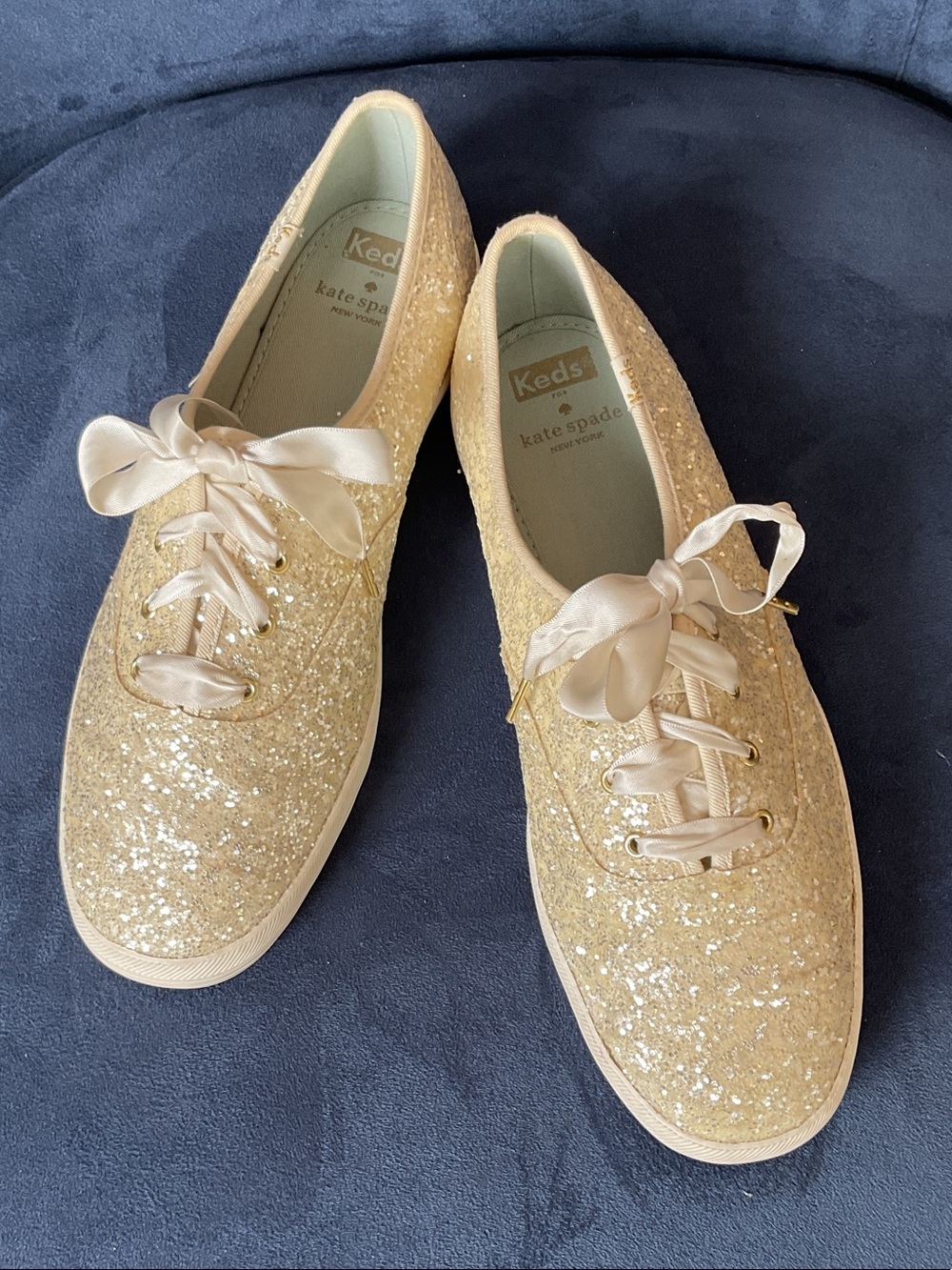 kate spade x Keds Ivory/Gold Glitter Satin Ribbon Sneakers